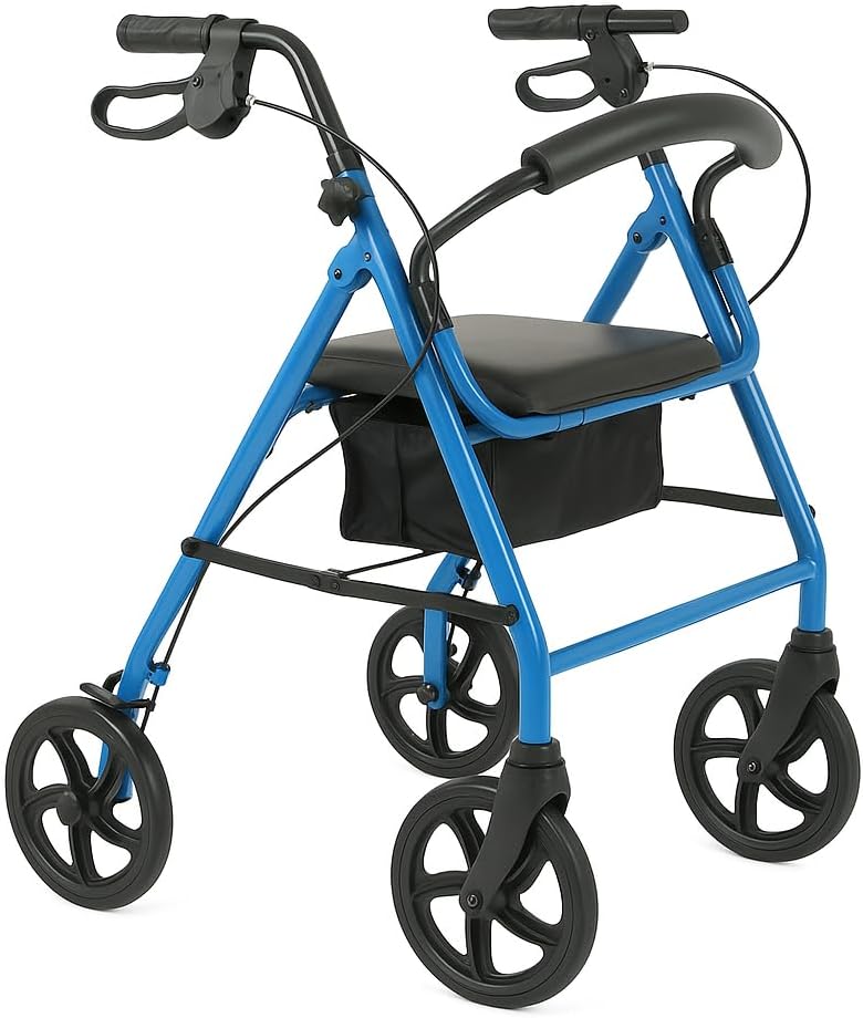 Steel Rollator Walker for Seniors – Foldable Adult Rolling Walker with 6” Wheels, Adjustable Handles, Padded Seat & Storage – Lightweight Mobility Aid, 300 lb. Limit, Light Blue