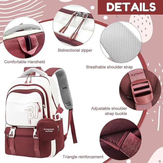 Image of Backpack Bag for Women with Matching Zipper Pouch, 18.1 Inch College Laptop Backpack, Multi-Compartment Bookbag for School, Office, Travel, Camping & Everyday Carry, White & Maroon