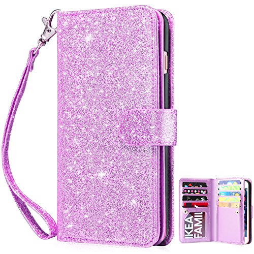 Dailylux Case for iPhone 8, iPhone 7 - [Built-in 9 Card Slots] Premium PU Leather Luxury Bling Flip Wallet Case for Apple iPhone 7/8 4.7 Inch, Glitter Purple