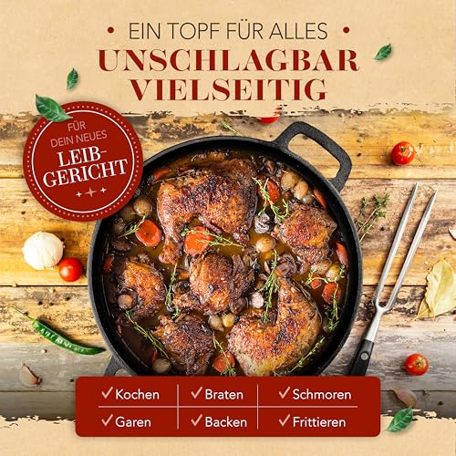 Dutch Oven Gusseisen Topf mit Fleischgabel – 26 cm Bräter für alle Herdarten