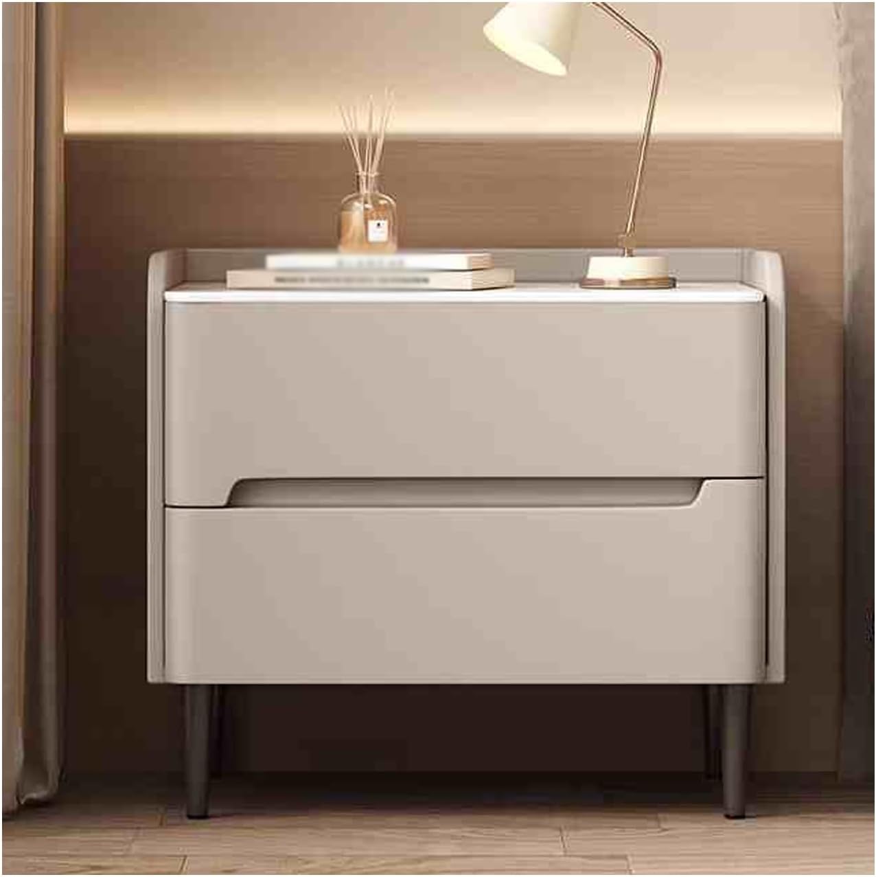 Champagne Gray Bedside Table Double-Layer Storage Unit Stylish Display Cabinet with Smooth Hardware Perfect Height for Bedrooms 40cm Wood Frame