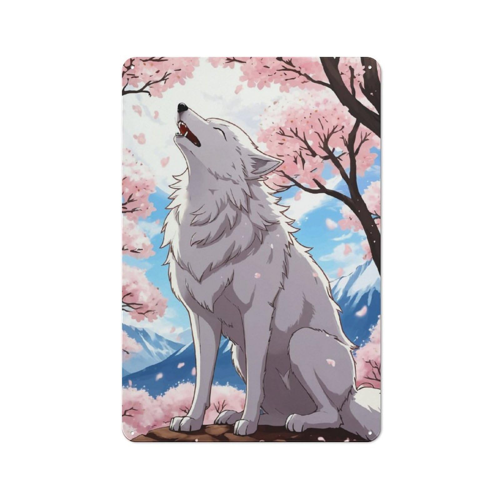 Junmoney White Wolf In Cherry Blossoms Vintage Tin Sign 30X20cm With For Studio Or Craft Room, For Garage, Workshop And Man Cave Decoration