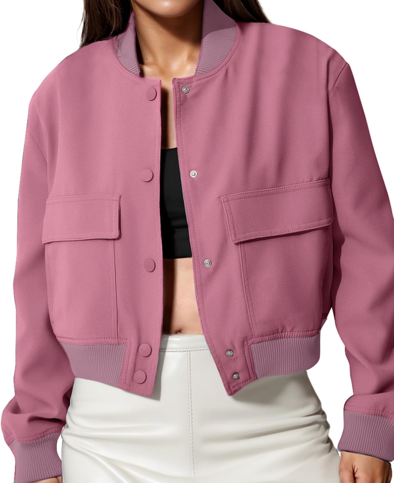 Modegal Women's Spring Varsity Bomber Jackets Long Sleeve Cropped Button Down Casual Coat with Pockets Outwear