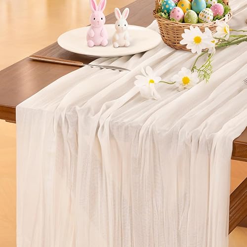 Socomi Ivory White Cheesecloth Table Runner Easter Spring Boho Rustic