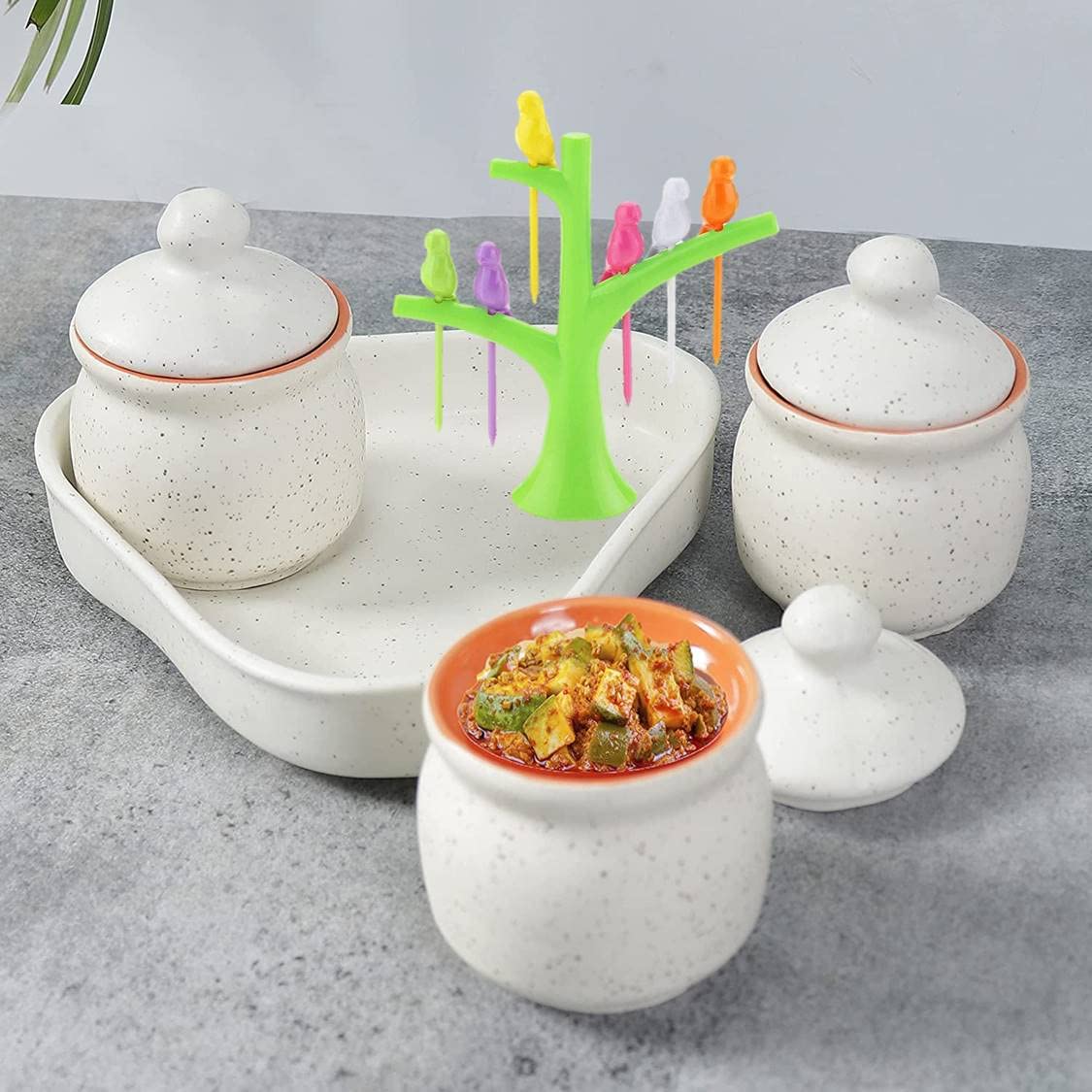 SHRIYAM CRAFTS Ceramic Pickle Jar Set of 3 with Tray Dining Table Storage Container WITH FREE FRUIT FORK (white trey set 3) (B0B8DHFP8H) Amazon Price History, Amazon Price Tracker