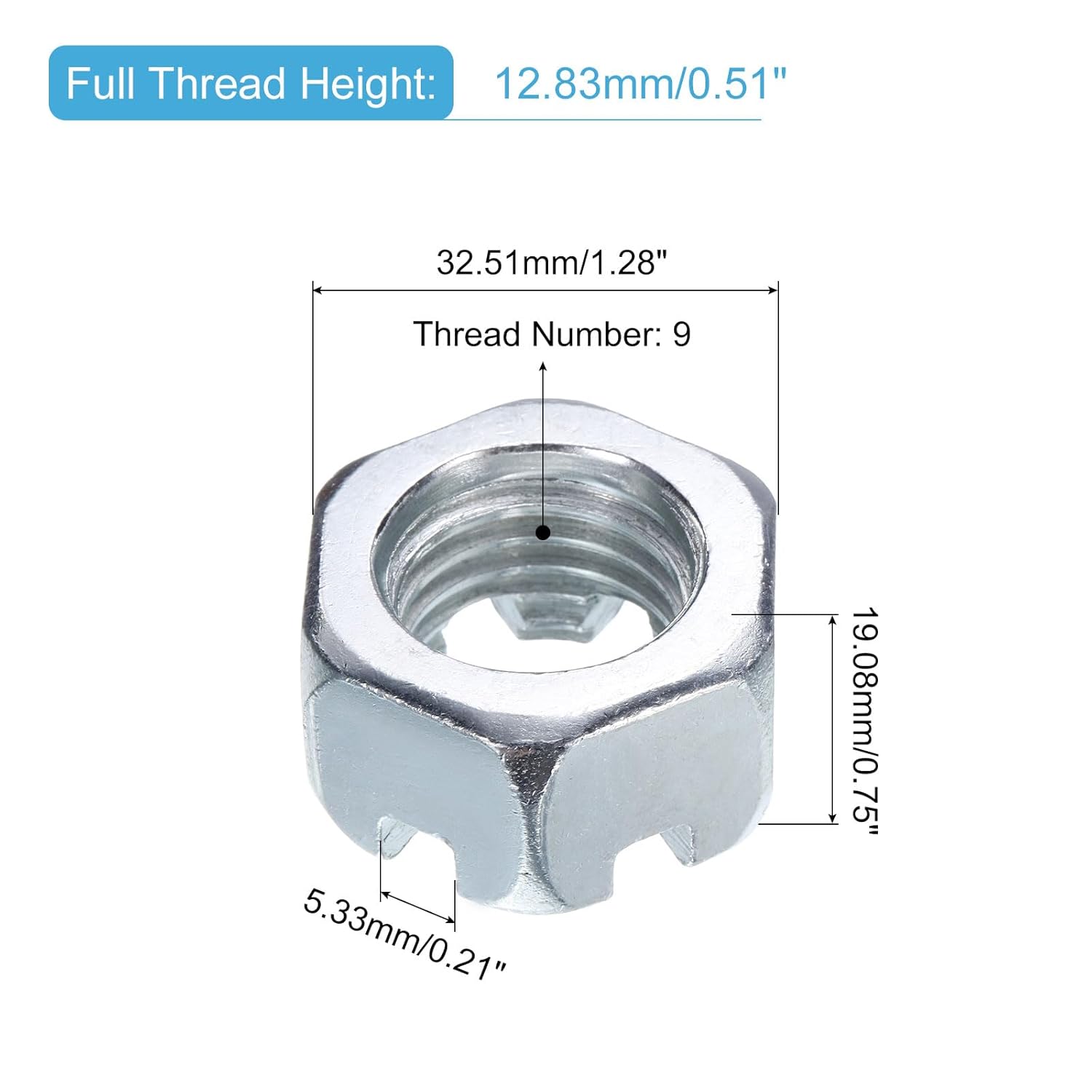 uxcell 7/8"-9 Hexagon Slotted Nut, Grade 6.8 Zinc-Plated Carbon Steel Hex Nuts Good for Machinery Repairing, Silver, 12Pcs