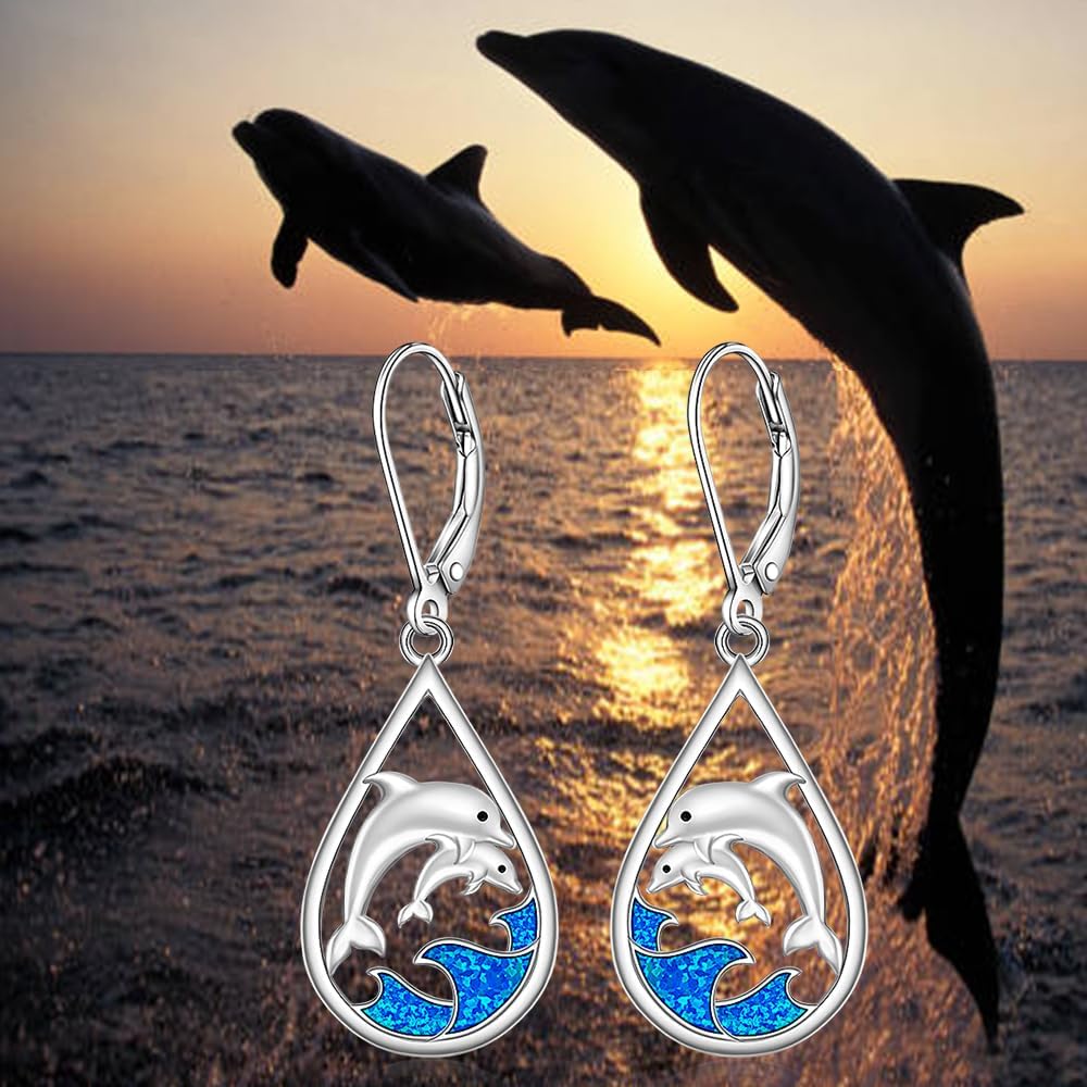 Dolphin Earrings for Women Blue Opal Wave Sterling Silver Cute Dolphins Earrings Dangle - Image 7