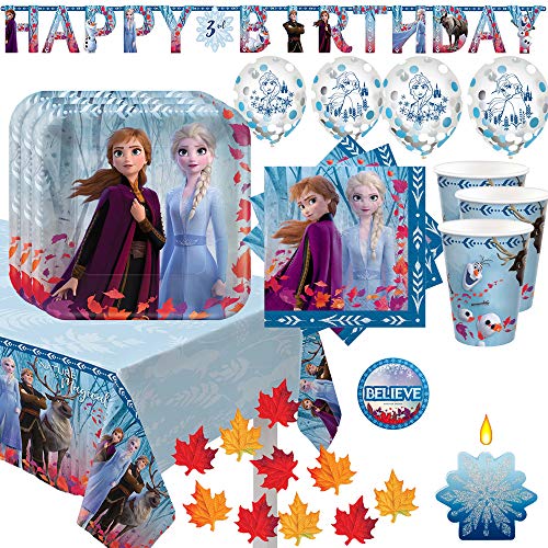 Frozen 2 Birthday Party Supplies and Decoration Pack For 16 With Plates, Napkin, Tablecover, Cups, Add An Age Banner, Confetti Balloons, Snowflake Candle, Fall Leaves, and Frozen Inspired Pin