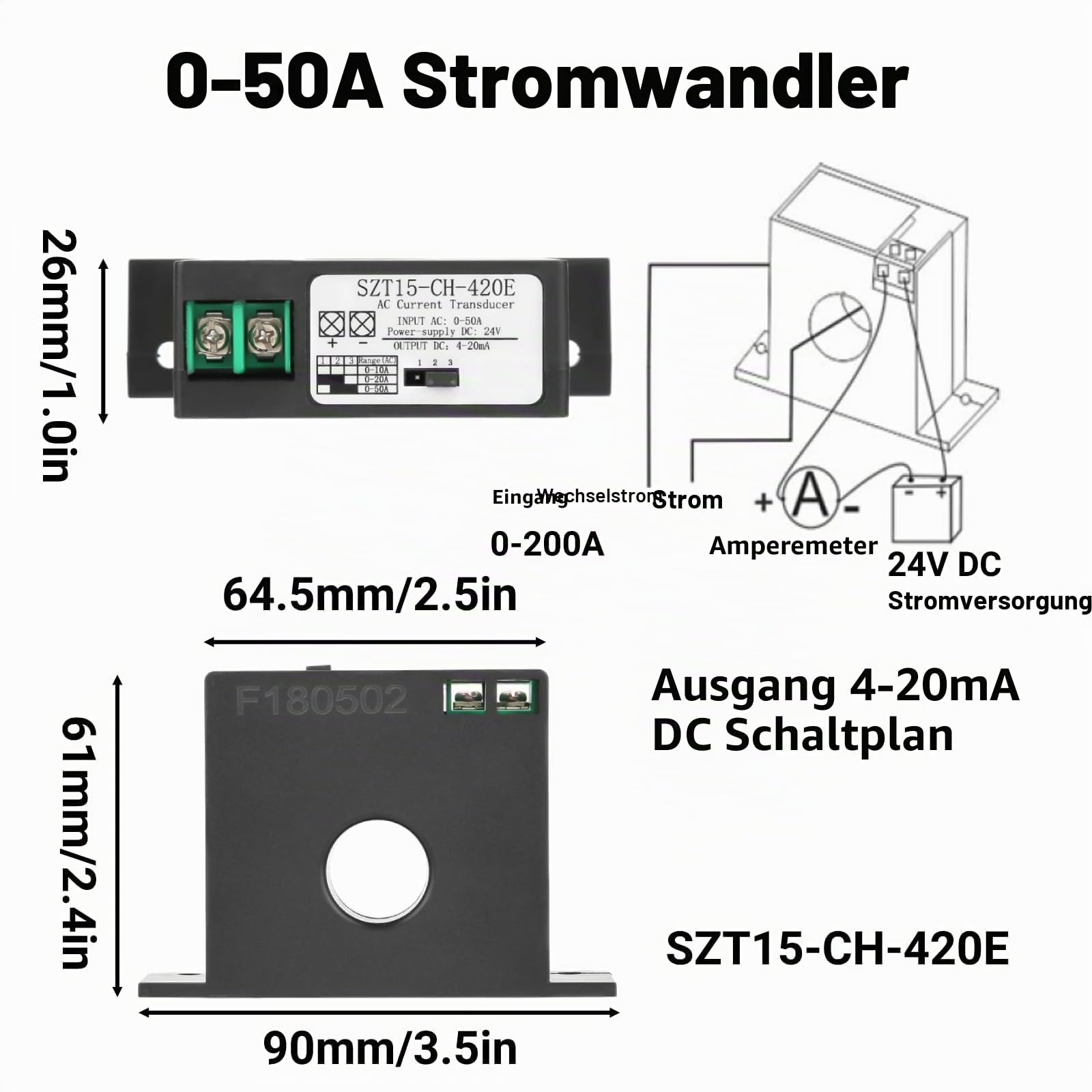 Wechselstromwandler 4-20 mA-Stromwandler Transformator Sensor AC 0-50A SZT15-CH-420E