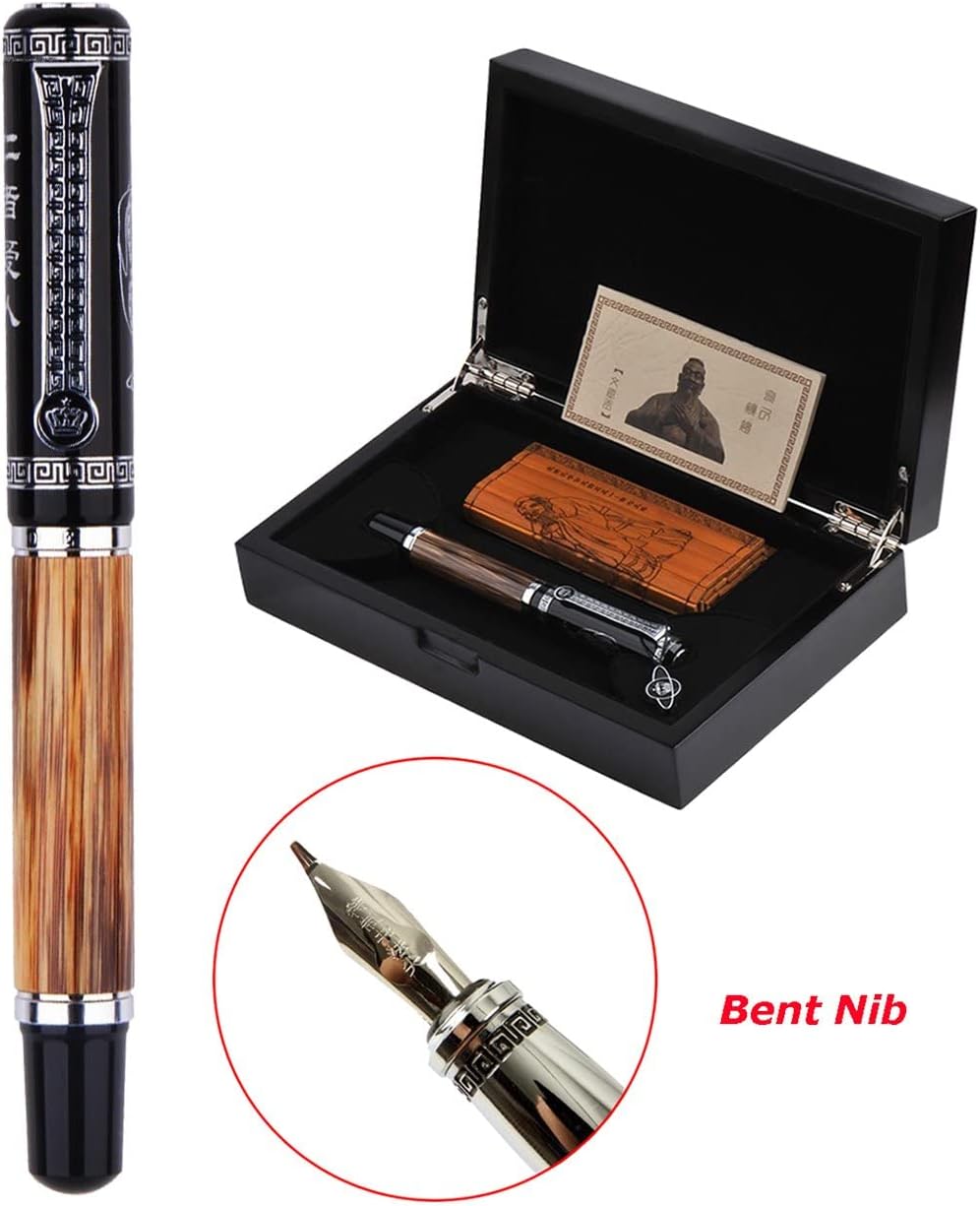 erofa Duke 551 Confucius Fountain Pen with Ink Refill Converter, Bent Nib Natural Bamboo Barrel Calligraphy Pen with Wooden Box