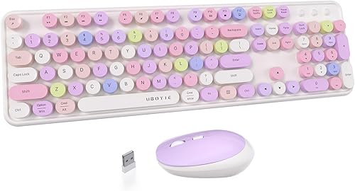 Miniatura 13 de UBOTIE Teclado inalámbrico colorido para computadora y mouse óptico, teclas flexibles, teclado de tamaño completo de oficina, conexión sin Té de