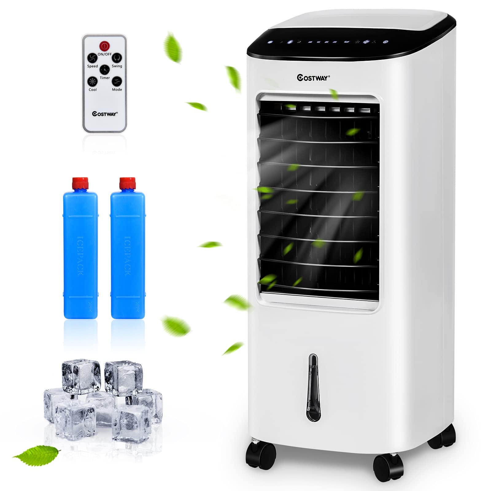 COSTWAY mobile Klimaanlage ohne Abluftschlauch inkl. 2 Kühlakkus | 3 in 1 Klimagerät Luftkühler Luftbefeuchter 75W / 7L Tank / 8H Timer / Fernbedienung / 2 Kühlakkus / 3 Stufen