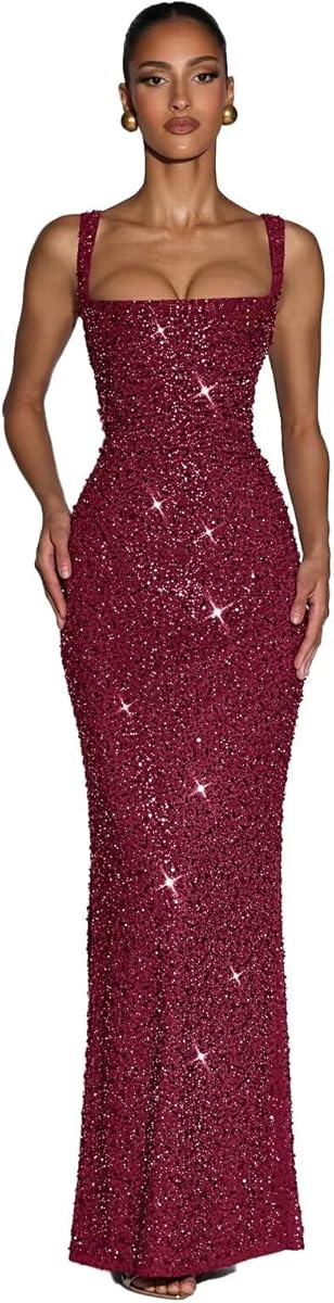 Sparkly Sequin Mermaid Prom Dresses for Women Square Neck Corset Long Formal Evening Gowns