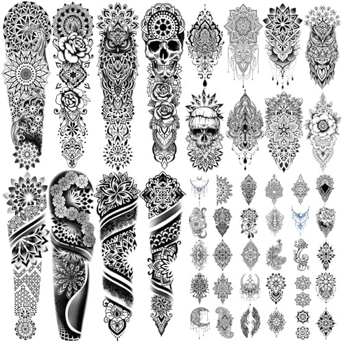 Mandala Full Arm Temporary Tattoo, 48 Sheets Waterproof Tribal Fake