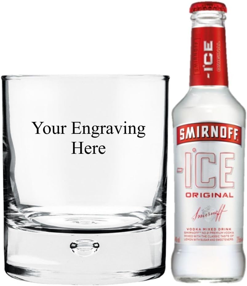 Personalised Engraved 11oz Heavy Bubble in base glass, with 275ml Bottle of Smirnoff Ice in Board Gift box