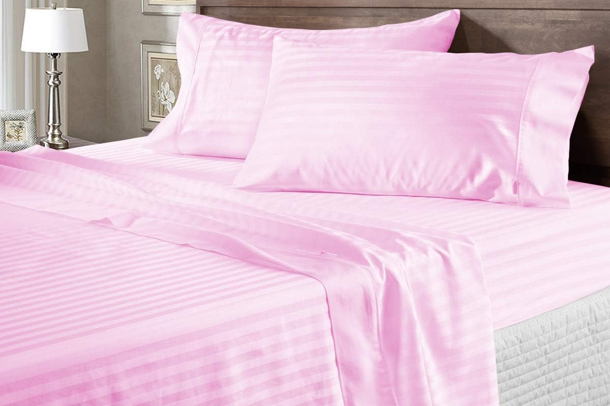 King Size 6-Piece Sheet Set 400-TC Organic Cotton Bedding Set Comfortable, Soft & Easy-to-Use Fits Mattress Upto 27-32" Deep Pocket (Stripe, Light Pink)