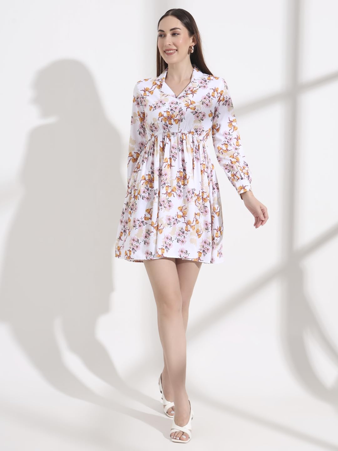 FITHUB Floral Printed Regular Sleeve Tailored Fit & Flare Dress White 4