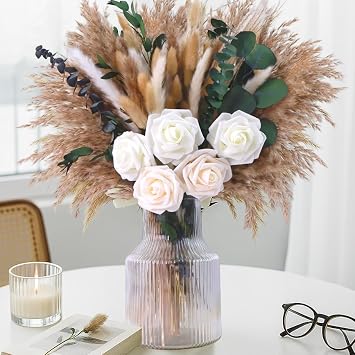 120Pcs Artificial Roses & Natural Pampas Grass Bouquet, Boho Floral Decor