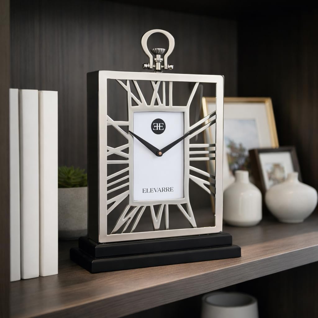 Elegant Rectangle Clock for Home Living Room Decor - Modern Metal and Glass Desk Clock with Roman Numerals for Office, or Mantel Display - Decorative Table Accent for Consoles - 17", Silver & Black