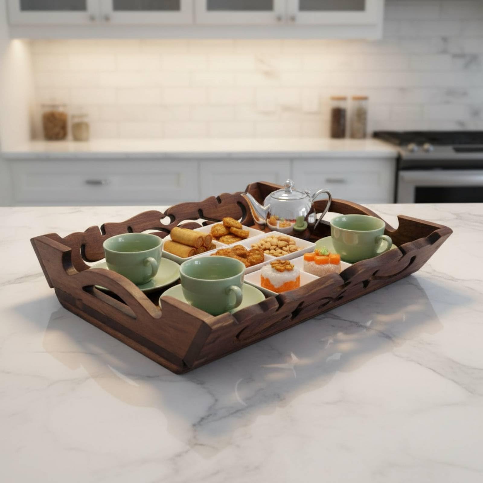 Bandeja de Servicio Compuesta Base Estable Madera Selección Detalle Artesanía Tallada Adecuada para Uso Diario en Sala Fiestas O Familiares, Grande 36.5cm X 31cm X 7.5cm
