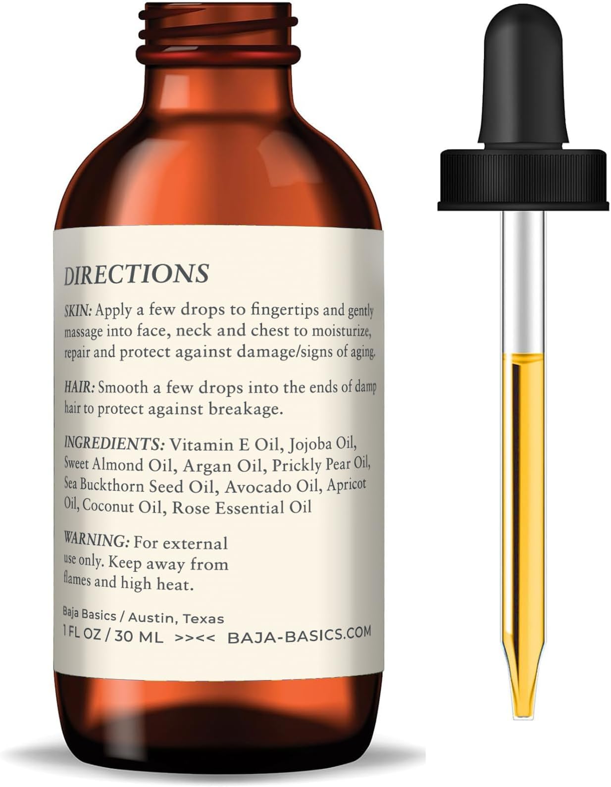 Baja Basics Rose Oil for Face, Rose Essential Oil, Face Serum for Skin, Hair and Nails, Unrefined Moisturizer, Hydrating Skincare Product 1 oz