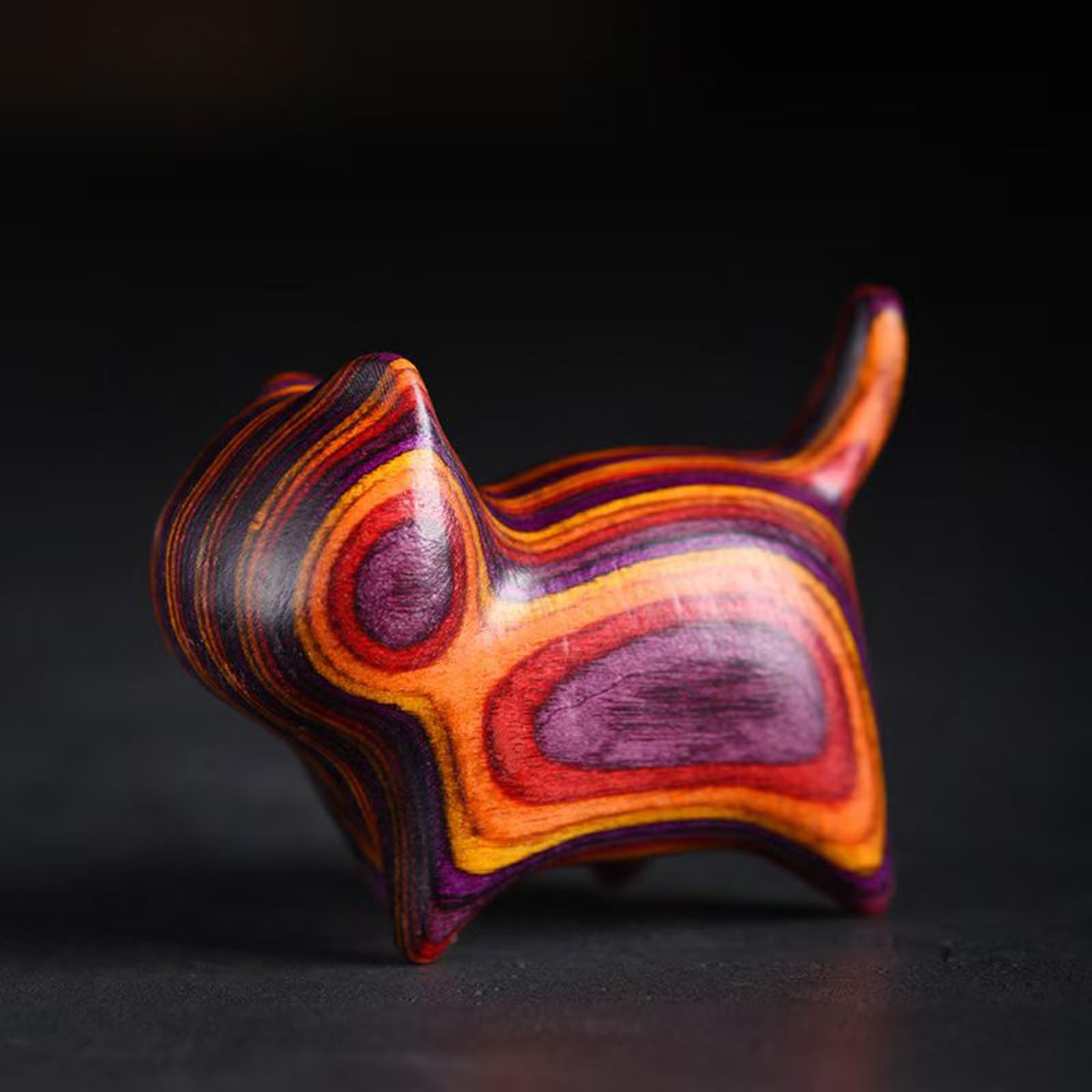 Wooden Cat Figurines Sculpture Statue Lovely Small Carved Cat Statue Handmade Wood Kitten Art Carving Work for Home Office Decoration (Orange Purple)