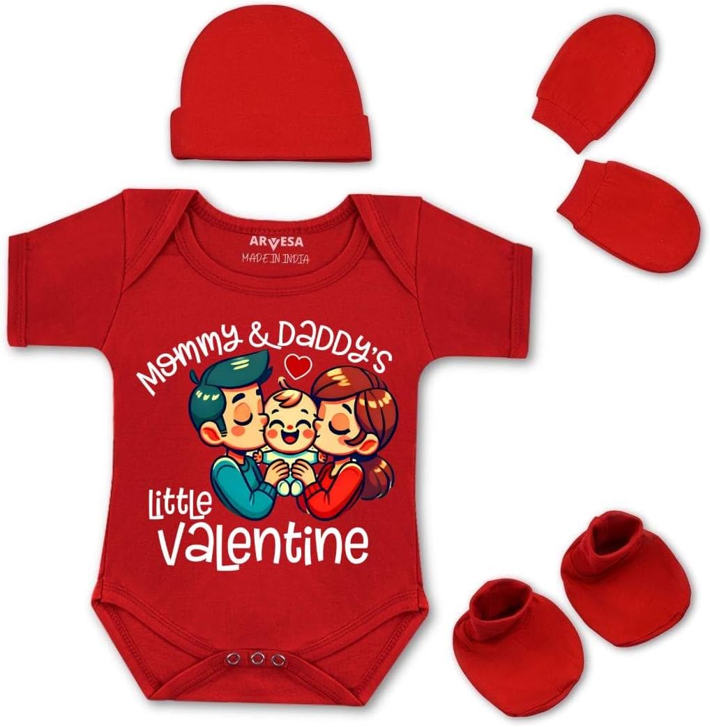 My First Valentine Day Dress Baby Romper Valentine Dress for Baby Boy & Baby Girl Red 100% Biowash Cotton 0–12 Months Design 1785