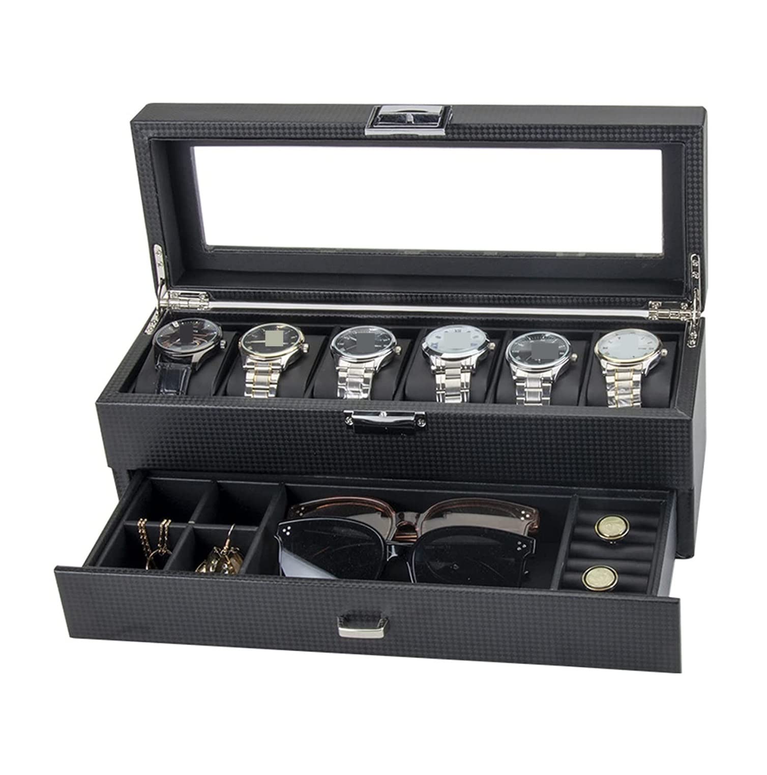 Uhrenbox-Organizer, Uhrengehäuse, PU-Leder, doppellagig, 6 Fächer, Uhrenbox mit Schublade, transparente Oberseite, abschließbare Sonnenbrillen-Aufbewahrungsbox, Uhrenständer, Uhrenbox