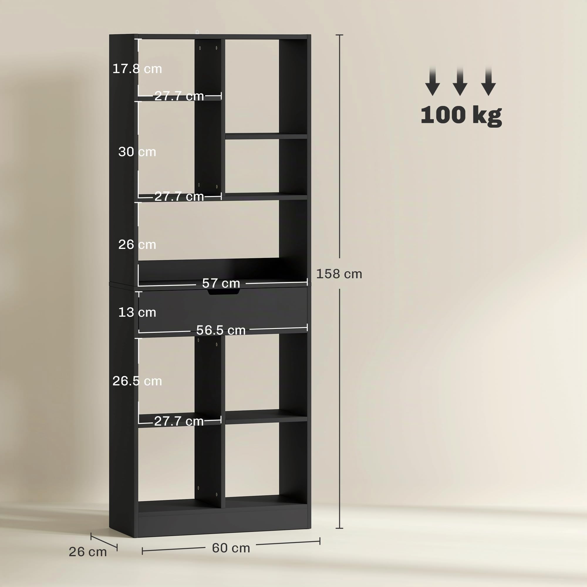 HOMCOM Scaffale Libreria con Cassetto Centrale in Legno 60x26x158 cm Nero | Ripiani Aperti, Libreria Salvaspazio Autoportante, Scaffale Divisorio per Soggiorno, Camera da Letto, Ufficio