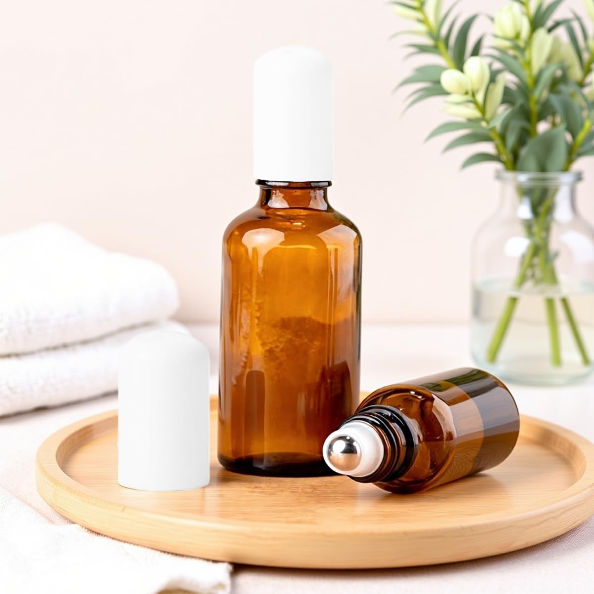 Lot de 3 flacons roulants vides en verre ambré de 20 ml avec billes en acier inoxydable rechargeables pour huiles essentielles, parfum, baumes à lèvres