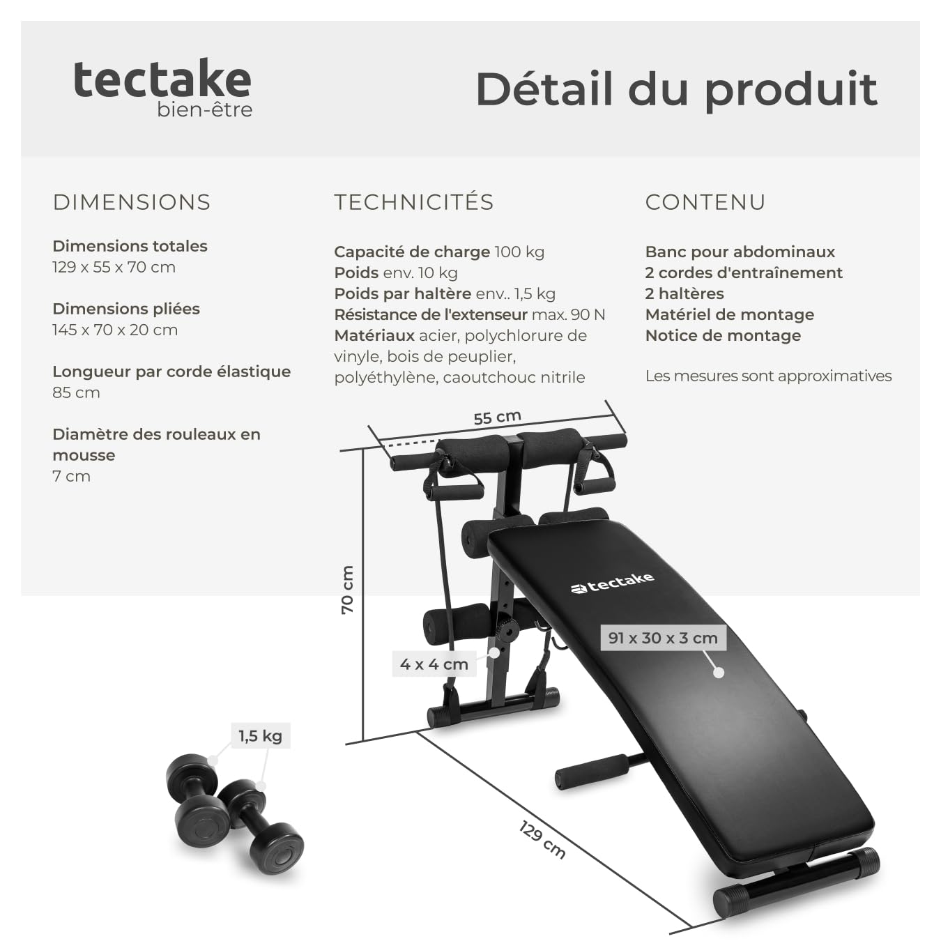 tectake® Banc de musculation pour Abdominaux, 6 niveaux de hauteur réglables, 2 haltères et 2 cordes d’entraînement inclus, Banc abdominaux Sport Musculation maison Fitness Muscu Abdos Home gym