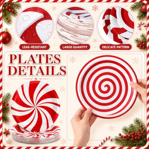 Image of Fourluoo 96 Pcs Christmas Candy Paper Plates 7 Inch Christmas Disposable Peppermint Dinner Plates for Xmas Birthday Party Table Decoration Supplies