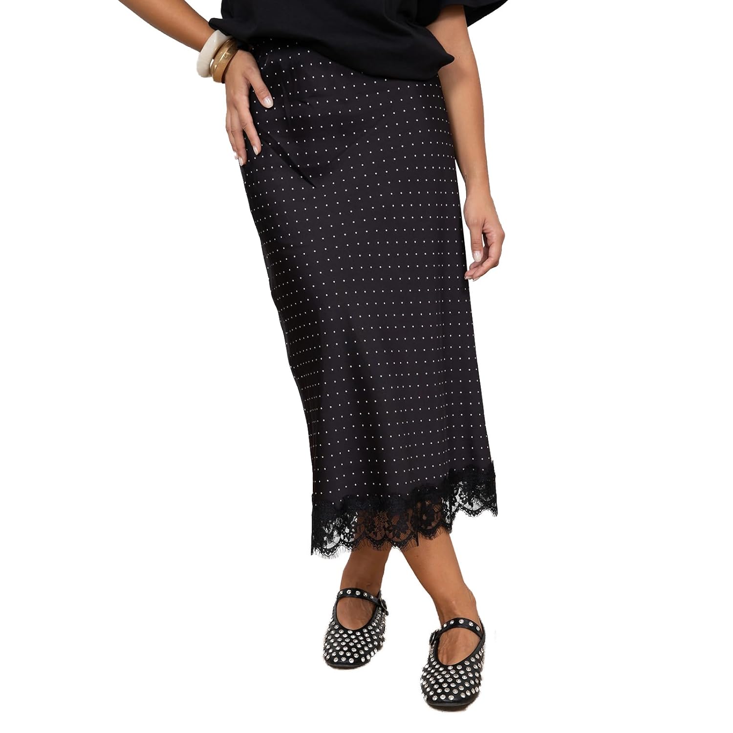 Women Lace Trim Dots Satin Skirt Full Slips Midi Skirts Going Out Slim Fit Polka Dot Print Long