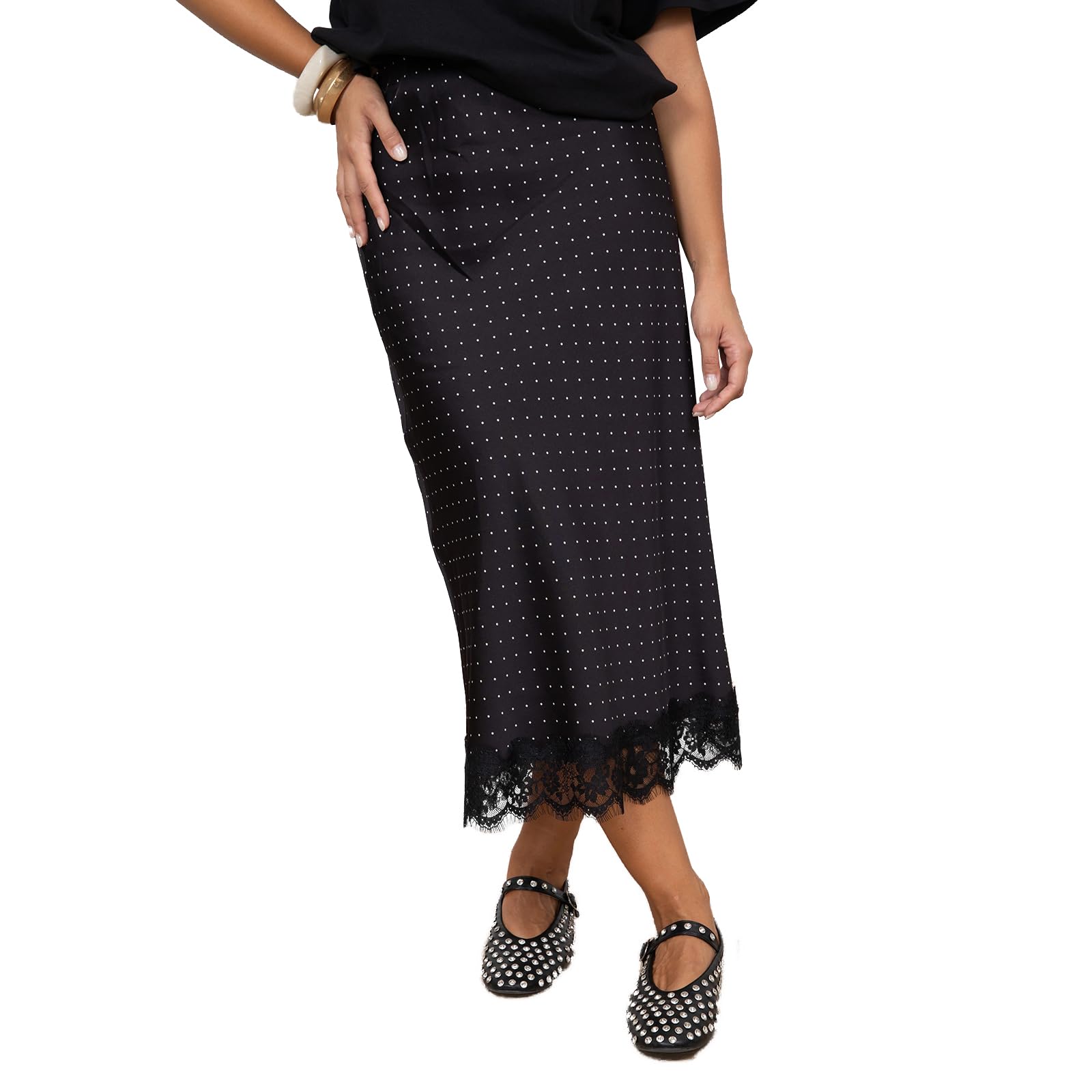 Women Lace Trim Dots Satin Skirt Full Slips Midi Skirts Going Out Slim Fit Polka Dot Print Long