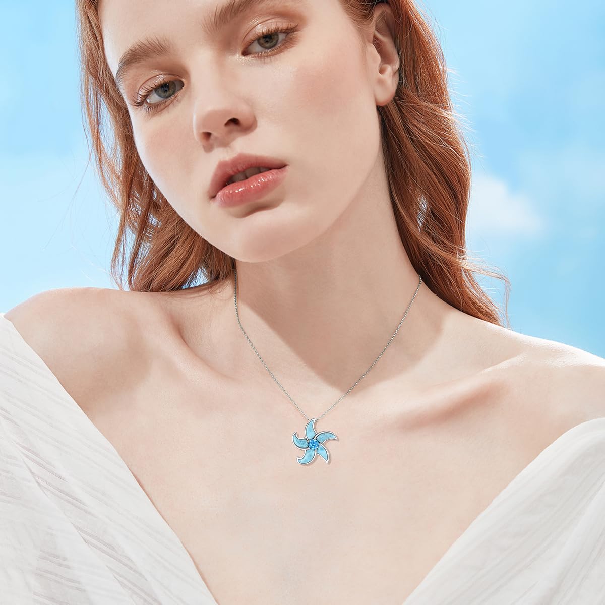 Collar de estrella de mar de Larimar de plata de ley 925 con colgante de estrella de mar azul auténtica, joyería de regalo para mujer, Plata esterlina, Larimar