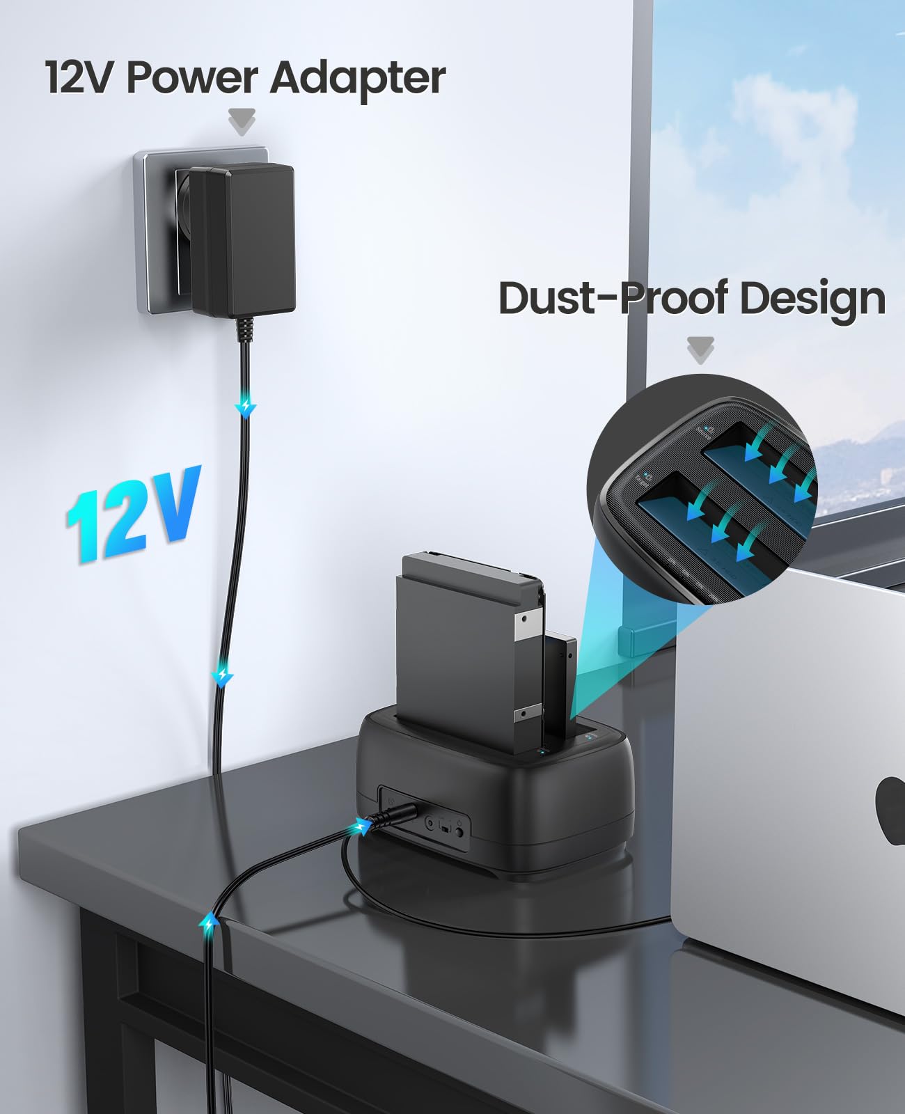 Estación de acoplamiento de disco duro con clon sin conexión USB 3.2 Gen 1 a SATA Hard Drive Dock Dual Bay para SSD HDD de 2.5 y 3.5 pulgadas hasta 44 TB con fuente de alimentación de 12V, sin 7