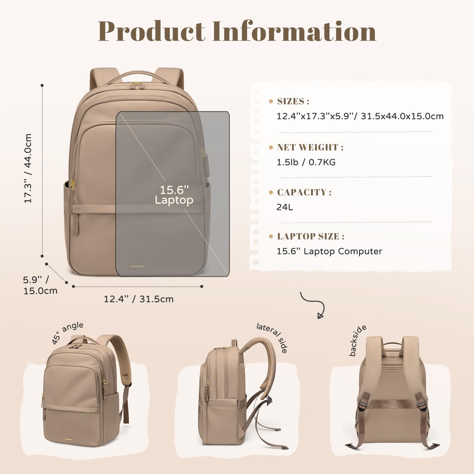 GOLF SUPAGS Sac à Dos pour Ordinateur Portable de 15.6 Pouces, Multifonctionnel Sac a Dos Femme Voyage, Sac a Dos Avion, Sac à Dos Collège, pour Voyage, Travail, Université (Champagne)