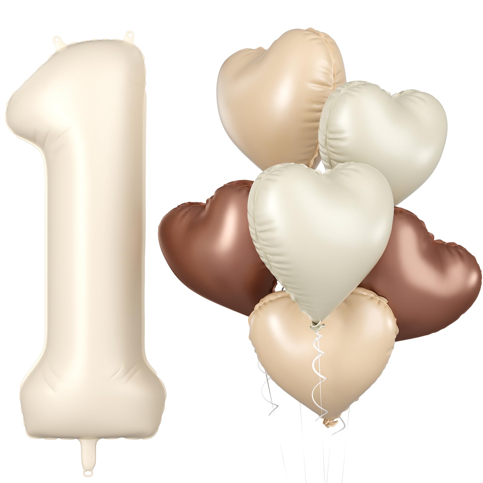 Biapian 40 Inch Cream White Number 1 Balloons, Beige White Large Number One Balloon with Cream Foil Heart Balloons for 1st Birthday Decorations First