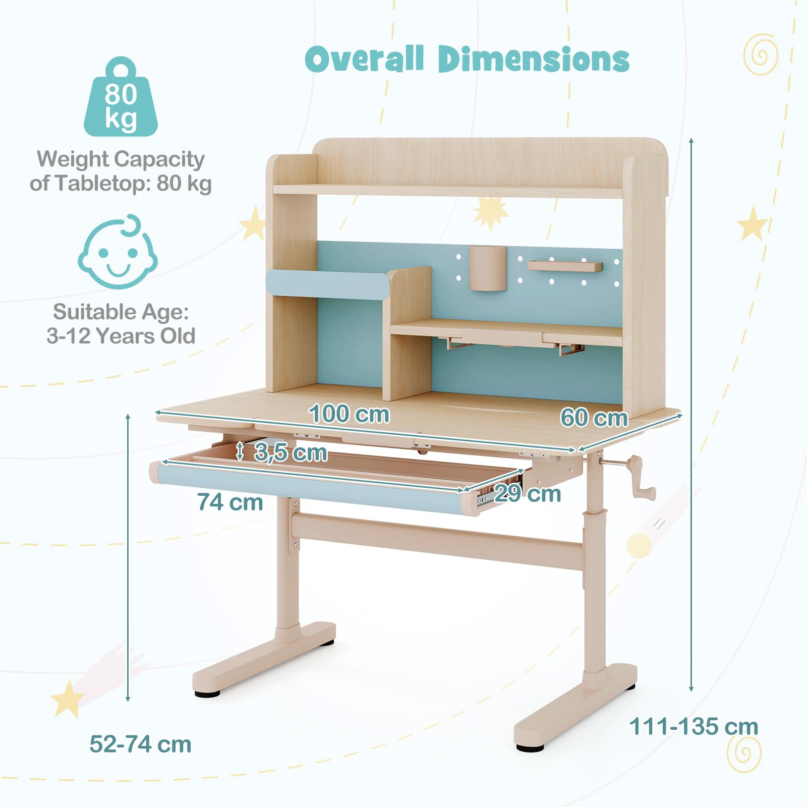 LIFEZEAL Escritorio Infantil con Bandeja Reclinable, Altura Ajustable, Cajón, Estante y Soporte de Lectura Retráctil, Patas de Metal, Mesa de Estudio para Niños de 3 a 12 Años (Azul)