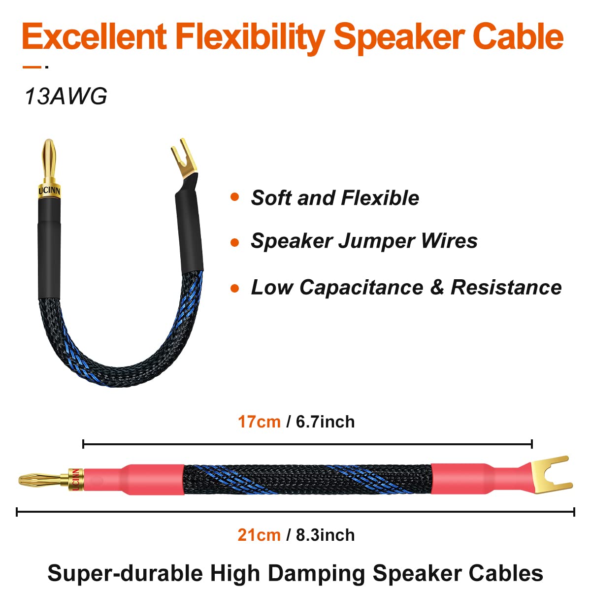 UCINNOVATE 4 x HiFi OFC Spade to Banana Plug Speaker Cable, 13AWG 21cm Speaker Jumper Cable für Verstärker, Bi-Cable Jumper Bridge Spade to Banana Speaker Cable mit vergoldeten Bananensteckern