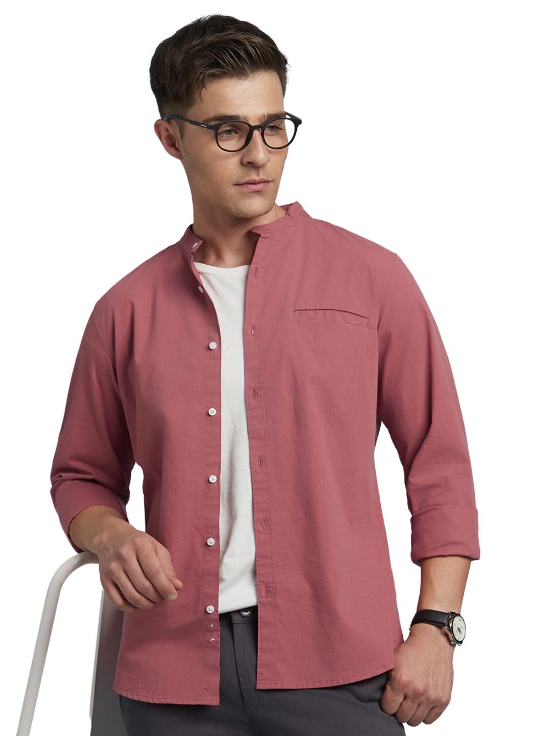Dennis LingoMen Cotton Solid Mandarin Collar Full Sleeves Regular Fit Casual Shirt