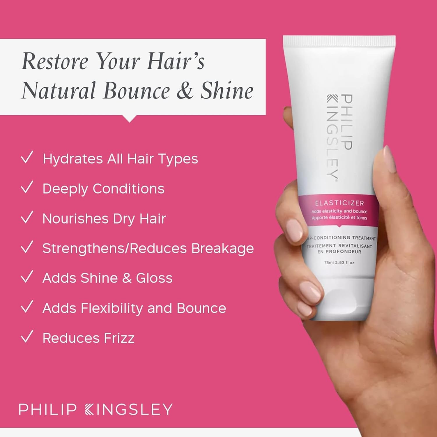 Philip Kingsley | Set da viaggio per la cura dei capelli lisci e lucenti | Include Shampoo e Balsamo Idratante Re ed Elasticizer | Idrata i capelli ruvidi, mossi e crespi | 3 x 75ml