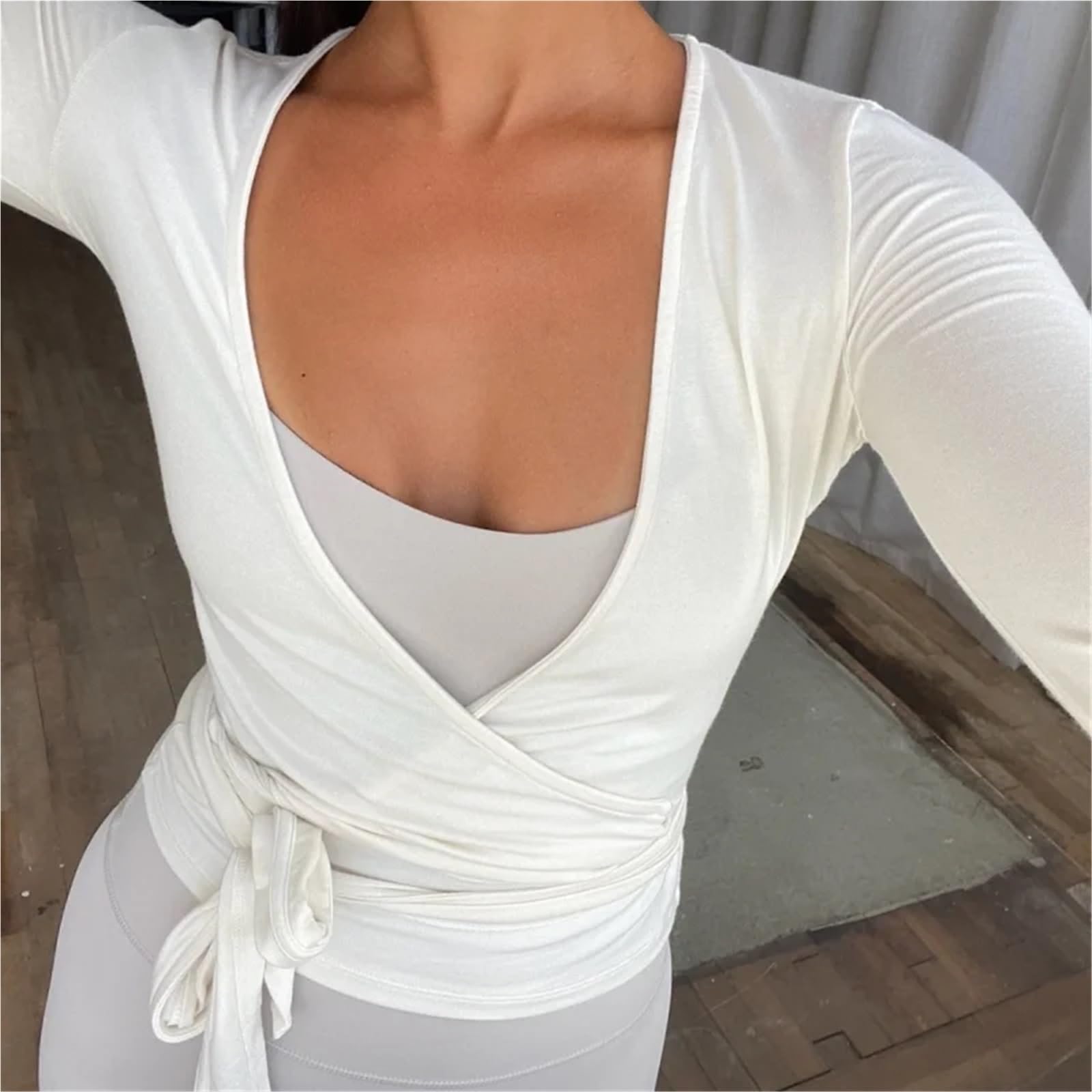 Wickeloberteil Damen Ballett-Pilates-Wickeltop for Frauen, Yoga, Tanz, langärmeliges Wickelshirt, schmale Krawatte vorne, Ausgehen, bauchfreie Tops