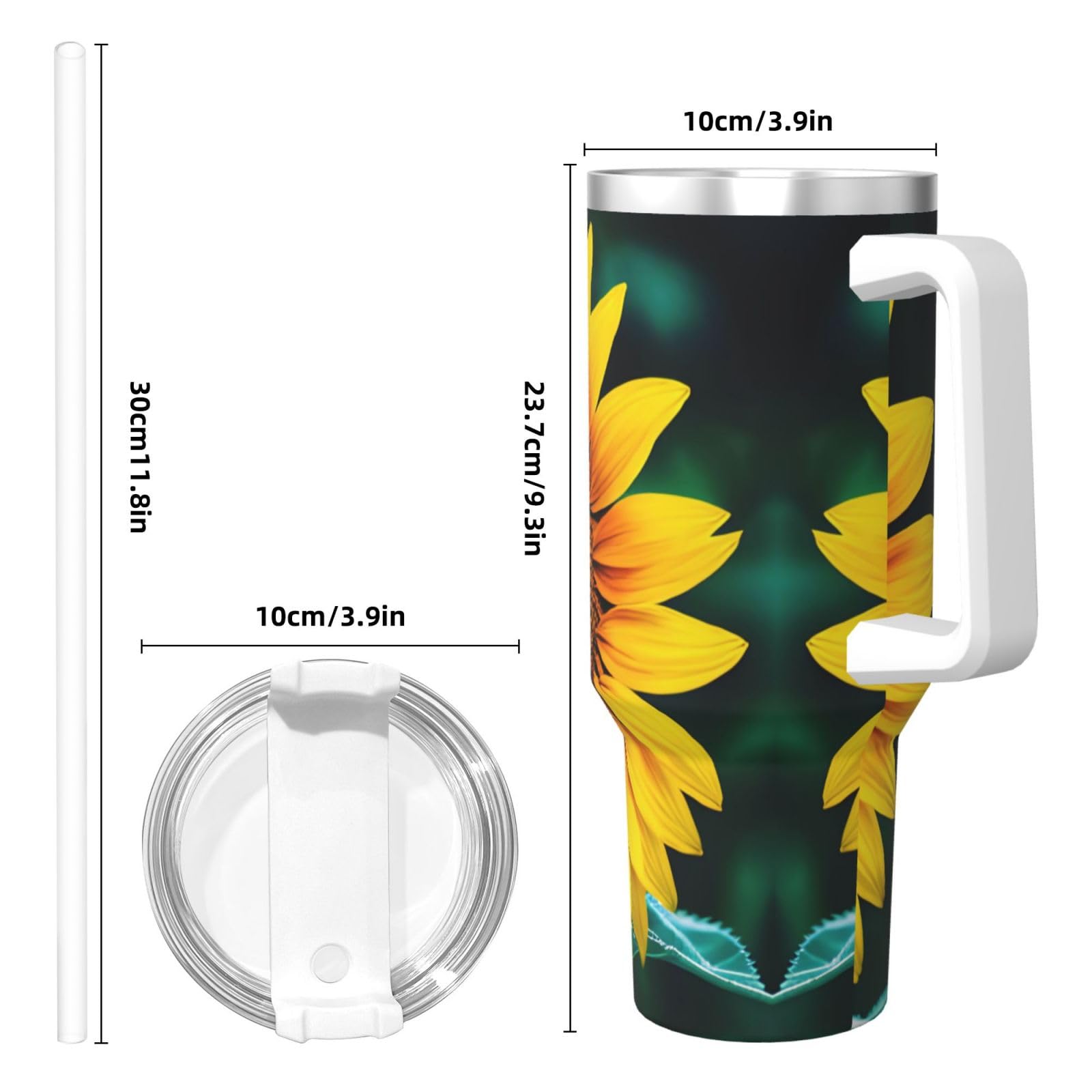 Wasserflasche mit Sonnenblumenmuster, Edelstahl, doppelwandig, isoliert, mit Griff und Strohhalm-Deckel, 1,2 l