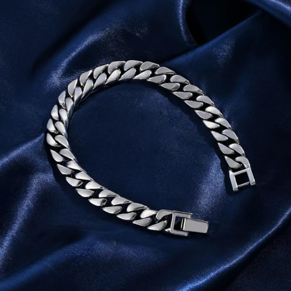 Pulsera de cadena de eslabones cubanos planos de plata de ley 925 para hombre, 8 mm, 10 mm, 12 mm, ancho 18 cm, 20 cm, 22 cm de largo