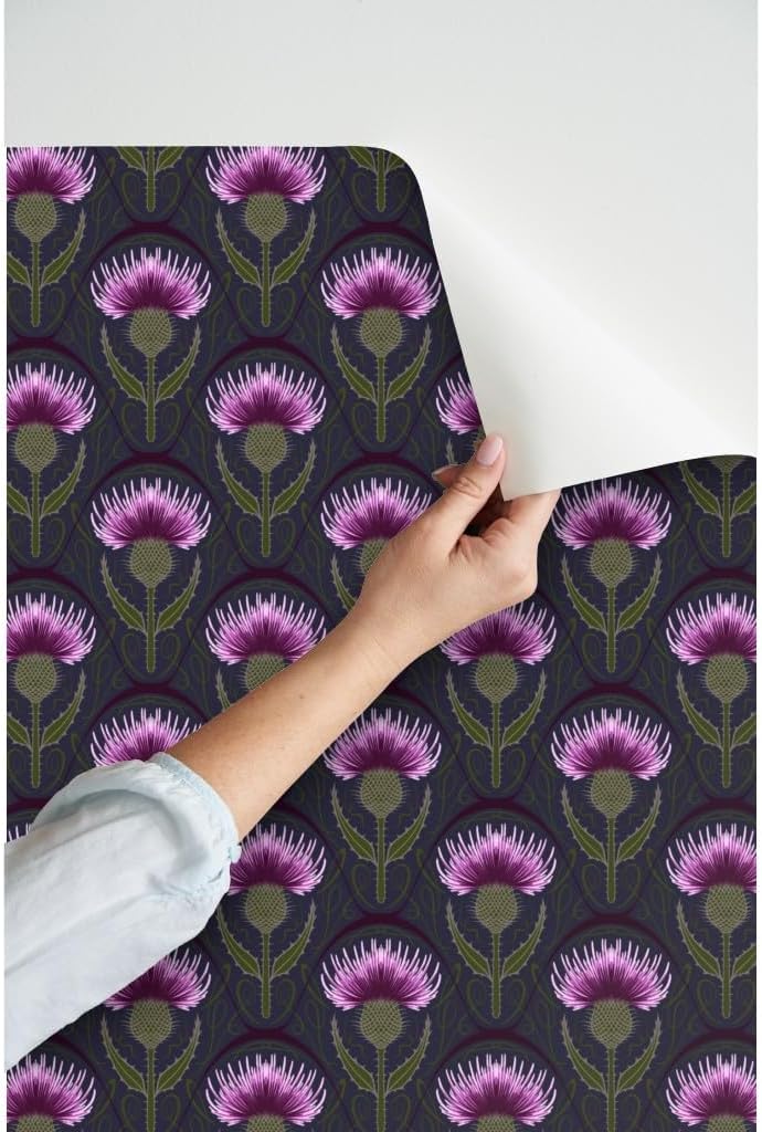 Peel & Stick Wallpaper 12ft x 2ft - Art Nouveau Medium Scale Botanicals Thistle Dark Blue Purple Custom Removable Wallpaper by Spoonflower