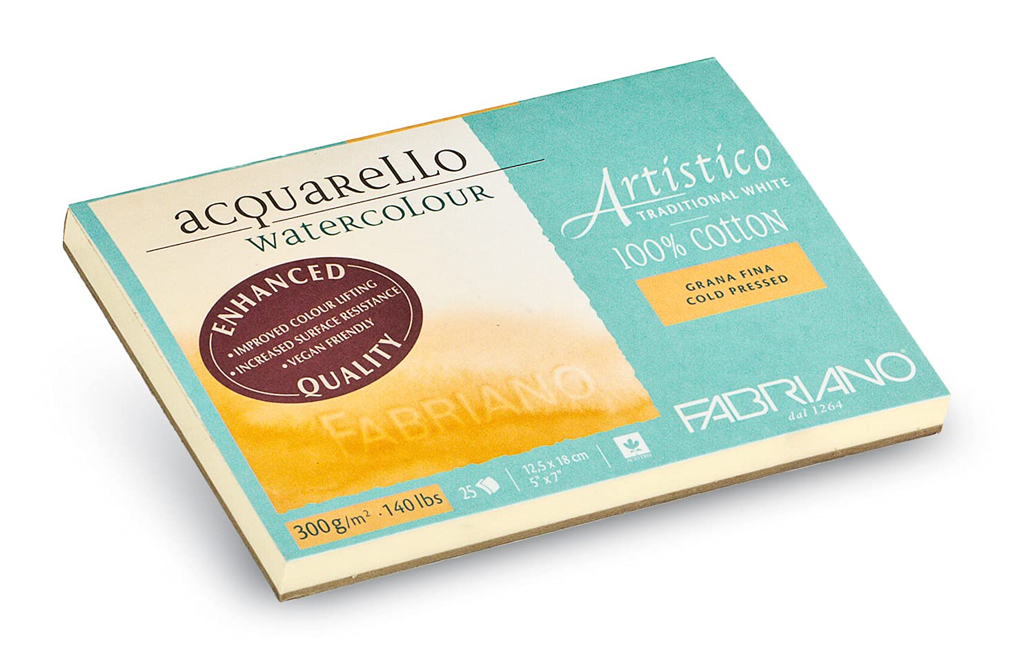 Fabriano Artistico Acquarello Watercolour, Natural White, Fine Grain Cold Pressed, 12.5 x 18 cm, 25 Sheets 300 g/m², Artist's Watercolour Cardboard, Pad Glued on 4 Sides, Vegan