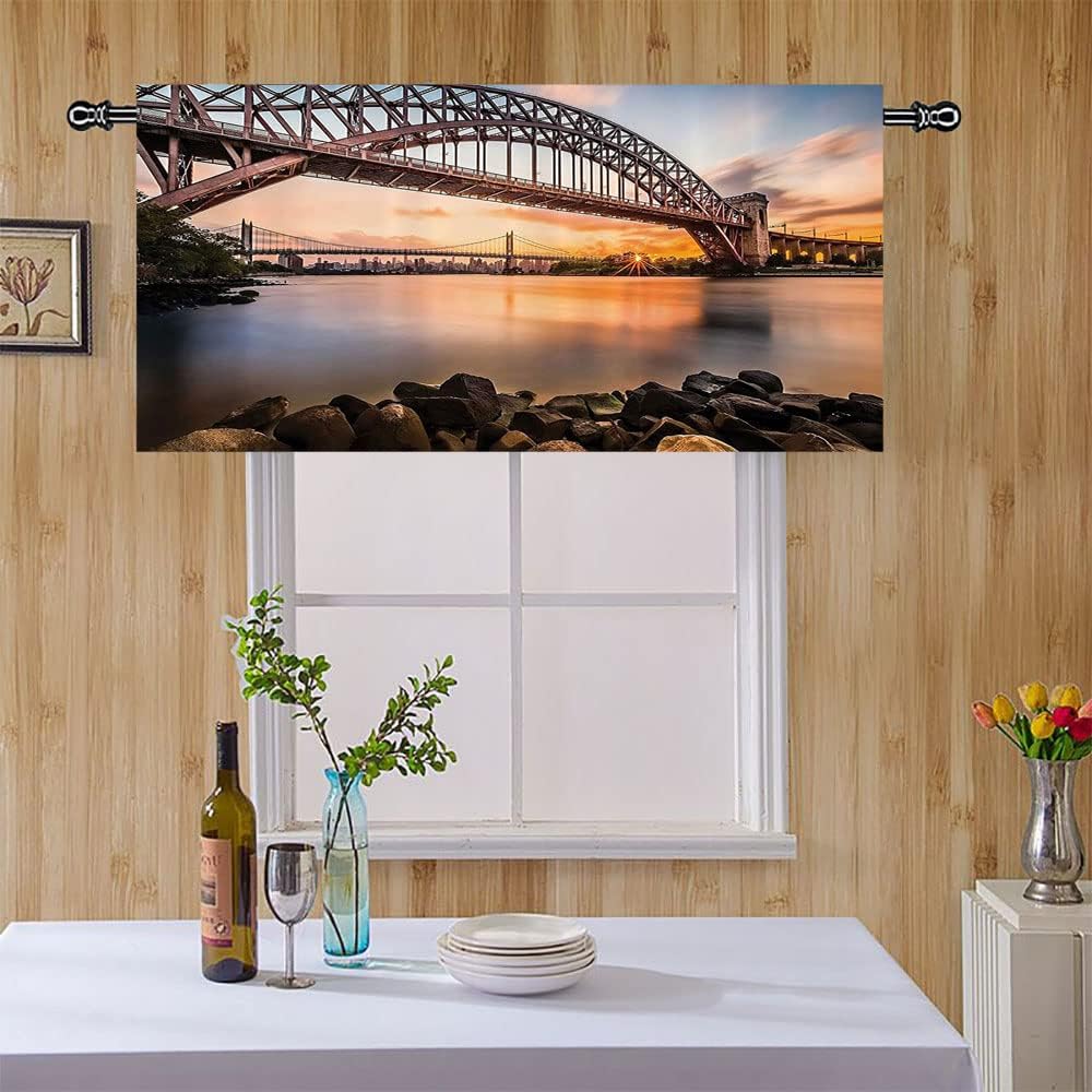 Valances for Living Room, Apartment Decor Waterproof Window Valance, New York Sunset Evening Triboro Bridge, 60" W x 18" L, Bedroom Bathroom Living Room Dining Room, Brown Blue
