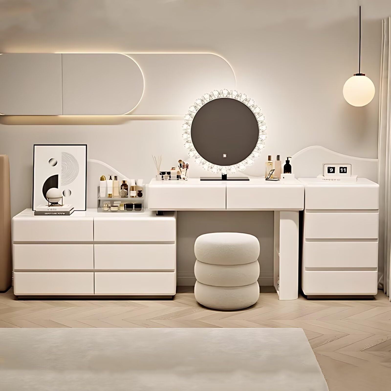 Makeup Vanity - Rock Slab Desktop Vanity Desk with Mobile Cabinet and Smart LED Crystal Makeup Mirror, Solid Wood Dressing Table Include 12 Drawers and Stool for Bedroom (White,47'')