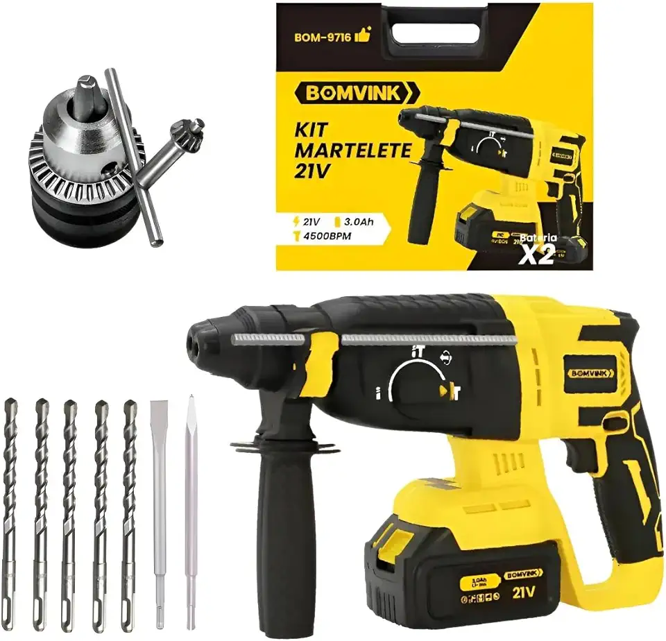 Kit Martelete a Bateria 21V Completo | 4500BPM | Mandril SDS | Kit Maleta com 11 peças e 2 Baterias de Lítio 3.0Ah, Maleta Completa